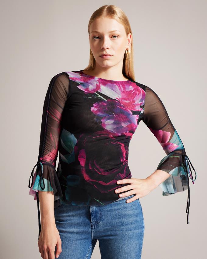 Hauts Ted Baker Floral Mesh With Fluted Sleeve Noir Femme | ZDY-44723265